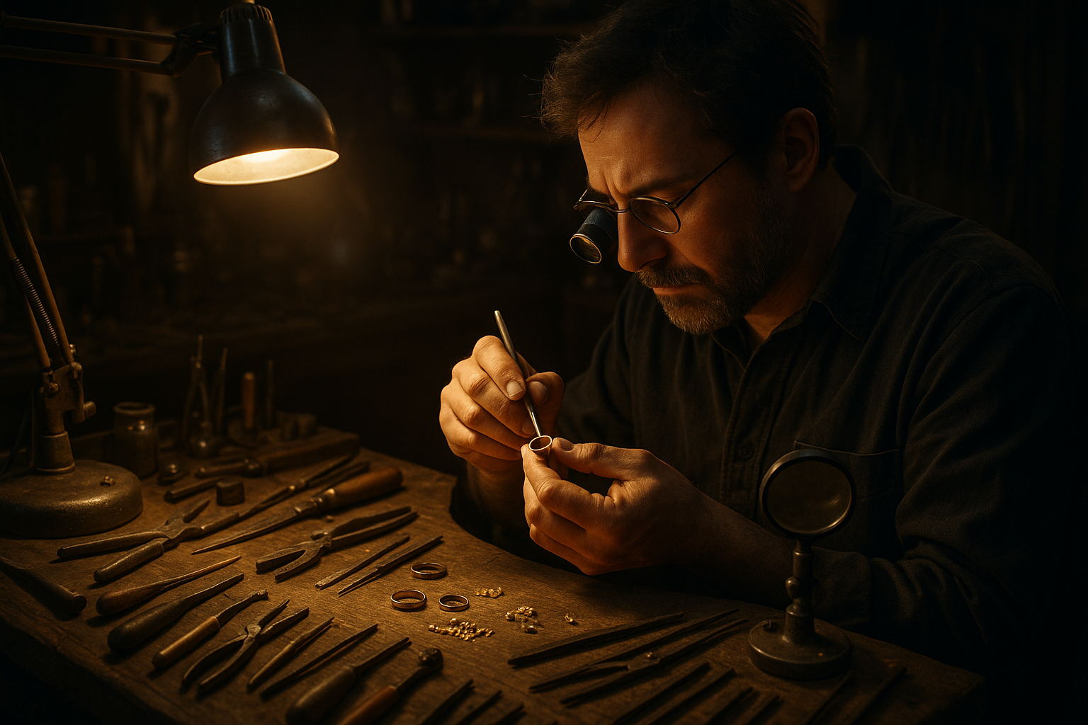 Altın atolyesi, içeride bir usta çalışıyor. Fotorealistik olsun. Masada aletler loş bir çalışma ortamı 